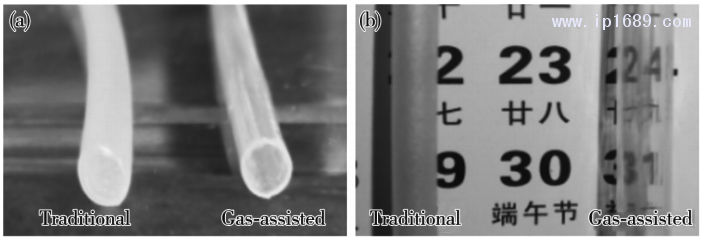 圖 4 傳統(tǒng)擠出和氣輔擠出的塑料微管的( a) 橫截面和( b) 表面質(zhì)量對比